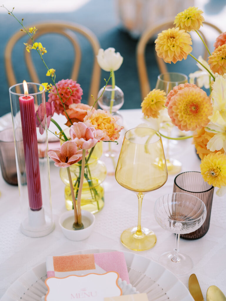 wedding table scape with colorful stemware